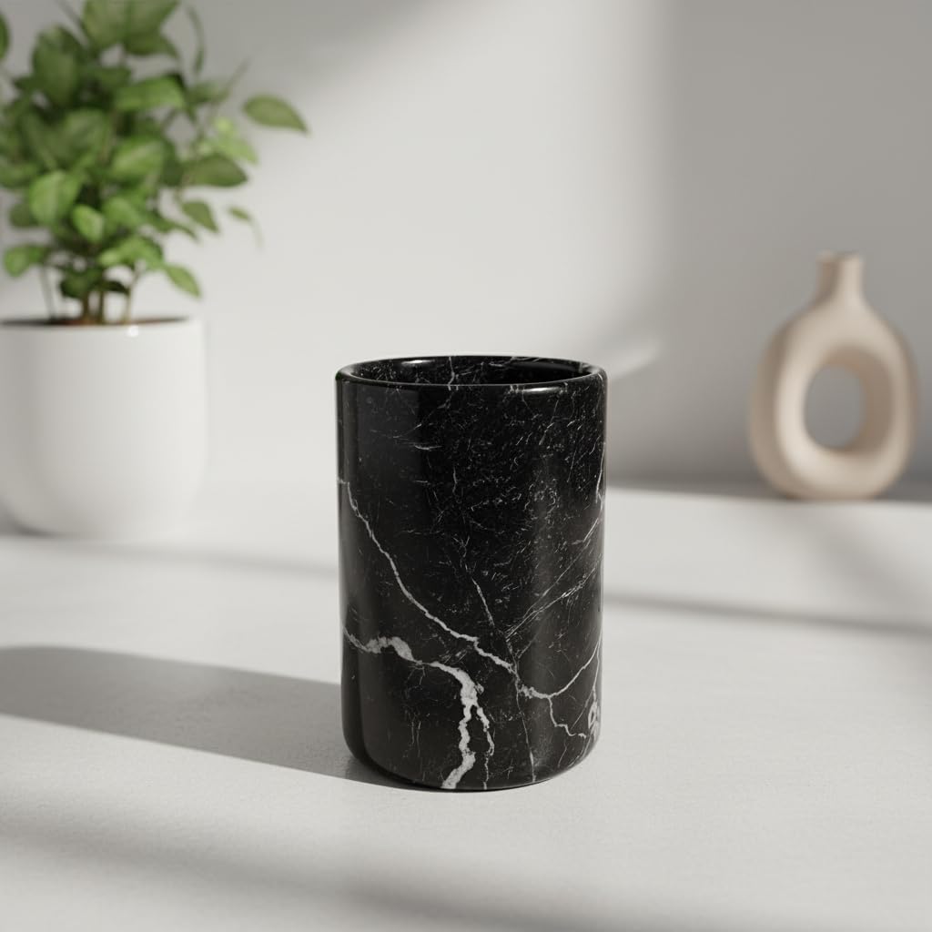 Handmade Marble Utensils Holder for Kitchen Utensil Storage and Tabletop - Organizer for Countertops, Pantry, Bathroom, Flower vase, Office & Center Table (Black & Gold)