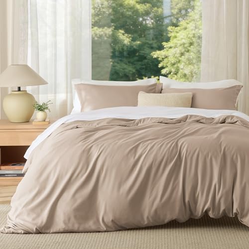 Image of Bedsure Duvet Cover King Size, 3Pcs Double Brushed Bedding Set, Light Brown | For Kids & Adults, 104 inchx90 inch Comforter Cover, Hotel Luxury, All Season, Breathable, Easy Care, Lightweight, Zipper Closure