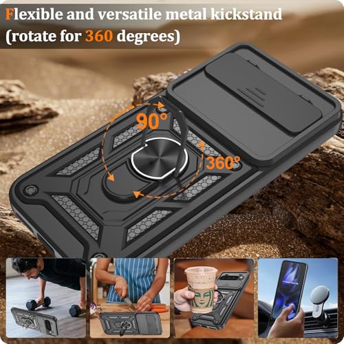 Image of Shockproof Back Case Cover for Google Pixel 10A 5G, Shockproof Google Pixel 10A Back Cover, Ring Case with Kickstand and Camera Protection Shutter - Black
