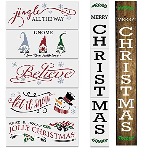 8PCS Reusable Christmas Stencils for Painting on Wood-Merry Christmas Front Porch Sign Stencils -Farmhouse Christmas Stencils Including Gnome/Believe/Let it Snow/Jingle All The Way Stencils