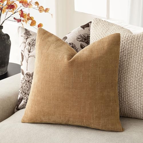 Image of Foindtower Set of 2 Soft Textured Chenille Throw Decorative Pillow Covers Square Accent Solid Cushion Cover Neutral Farmhouse Pillow Case for Couch Sofa Bedroom Living Room 18x18 Inch,Golden Brown
