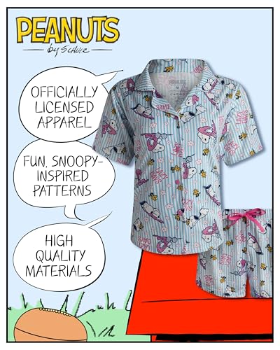 Image of COCO BRANDS Peanuts Snoopy Womens Pajama Set - 2 Piece Short Sleeve Button Down Sleep Shirt and Pajama Shorts