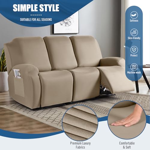 Image of TAOCOCO Stretch Recliner Sofa Covers 3 Pieces Couch Covers for 3 Seat Reclining Sofa, Soft Polyester Fabric Washable Furniture Protector Sofa Slipcovers with Pockets (3 Seat, Taupe)