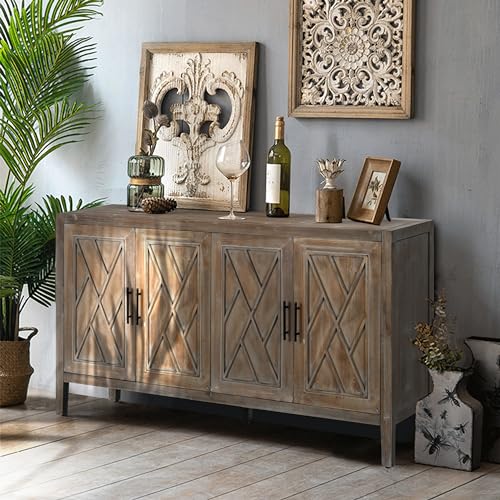 Storage-Cabinet-with-4-Doors-and-Adjustable-Shelves-Vintage-Country-Style-Sideboard-Buffet-Cabinet-Wood-Coffee-Bar-Cabinet-for-Hallway-Living-Room-Kitchen-Dining-Room-Brown Storage Cabinet with 4 Doors and Adjustable Shelves Vintage Country Style Sideboard Buffet Cabinet Wood Coffee Bar Cabinet for Hallway Living Room Kitchen Dining Room Brown