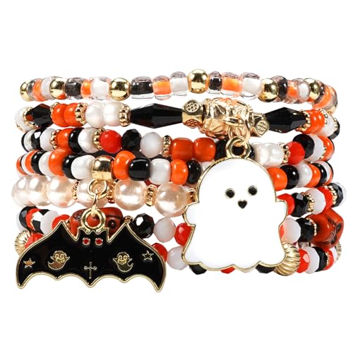 Halloween Bracelets for Women Boo Pumpkin Skull Ghosts Stretchy Beaded Bracelets Spooky Skeleton Bat Cat Stackable Bracelet Christmas Bracelet Jewelry