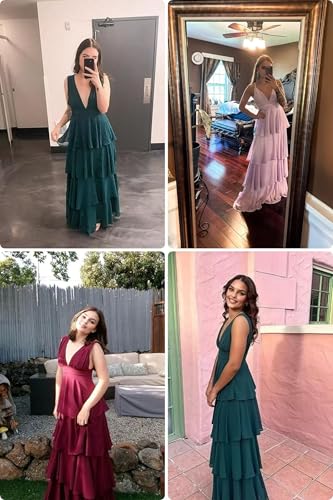 V Neck Chiffon Bridesmaid Dresses 2025 for Women Tiered Ruffles Formal Evening Dresses Long with Pleated4