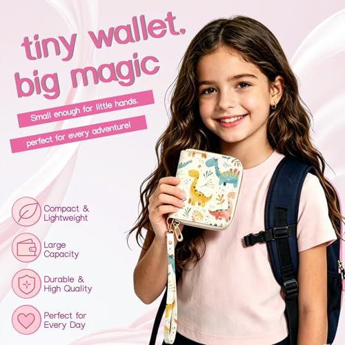 Image of Girls Wallet for Kids, Kids Wallet for Girls 6-8 8-10 10-12, Small Cute Dinosaur Leather Toddler Purse with Wristlet and Coin Pocket, Christmas Stocking Stuffers Birthday Gift for Teen Girls