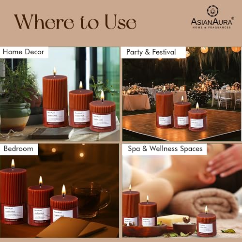 Image of ASIAN AURA Ribbed Pillar Candles - Pack of 3 | Scented Candles for Home Decor, Gifting & Festive Use | Long Burn time up to 36hrs | Clean-Burning Wax & Smokeless Flame (Arabic Oud)