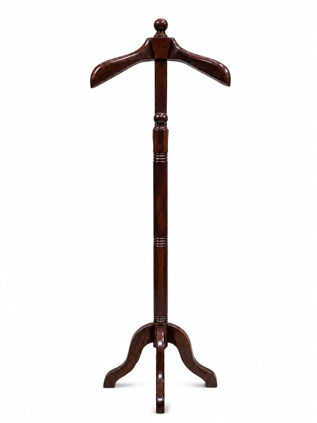 PODIUM Wooden Coat Stand 42 Inch | Free Standing Clothes Hanger Stand with 3-Leg Stable Base, Suit & Shirt Hanger, Hooks for Clothes, Ties & Accessories | Brown-image-9