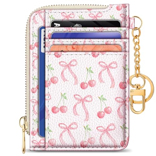 Image of GIANCOMICS Slim Wallet Credit Card Holder Women, Cute Bow Rfid Small Card Case, Keychain Thin Pocket Curved Zipper Wallet, Travel Card Holder PU Leather ID Window, Girly Ladies Female Gifts