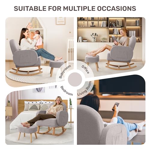 Image of HCHAIRH Nursery Rocking Chair with Ottoman, Upholstered Glider Rocker with High Backrest and Side Pocket, Rocking Accent Armchair with Solid Wood Legs for Nursery, Living Room, Bedroom Light Grey
