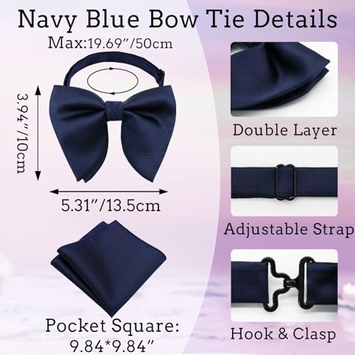 Image of Oversized Bow Ties for Men, Pre-Tied Bow Tie and Handkerchief with Pocket Square Holder Set for Wedding Party Daily