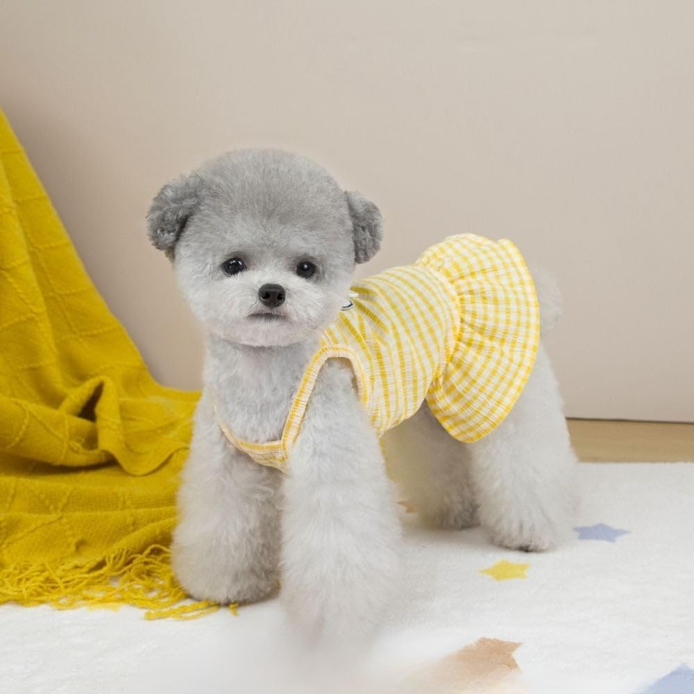 Striped Checkered Dog Dress with D-Ring, Cotton Pet Clothes for Small & Medium Dogs, Comfortable Summer Dog Outfit for Puppies(Yellow,XXL)