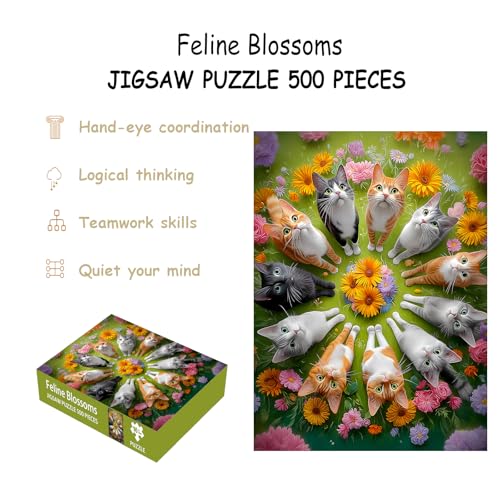 Puzzles para adultos de 500 piezas, rompecabezas de gatos - Feline Blossoms, puzzle floral imposible para seniors y familia, 20.47 x 14.96 pulgadas, póster 1:1, letras en la parte trasera miniatura 2