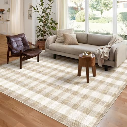 Image of Checkered Area Rug, 5x7, Beige | Washable, Non Slip, Modern Neutral, For Living Room Bedroom Office Patio Dining Room