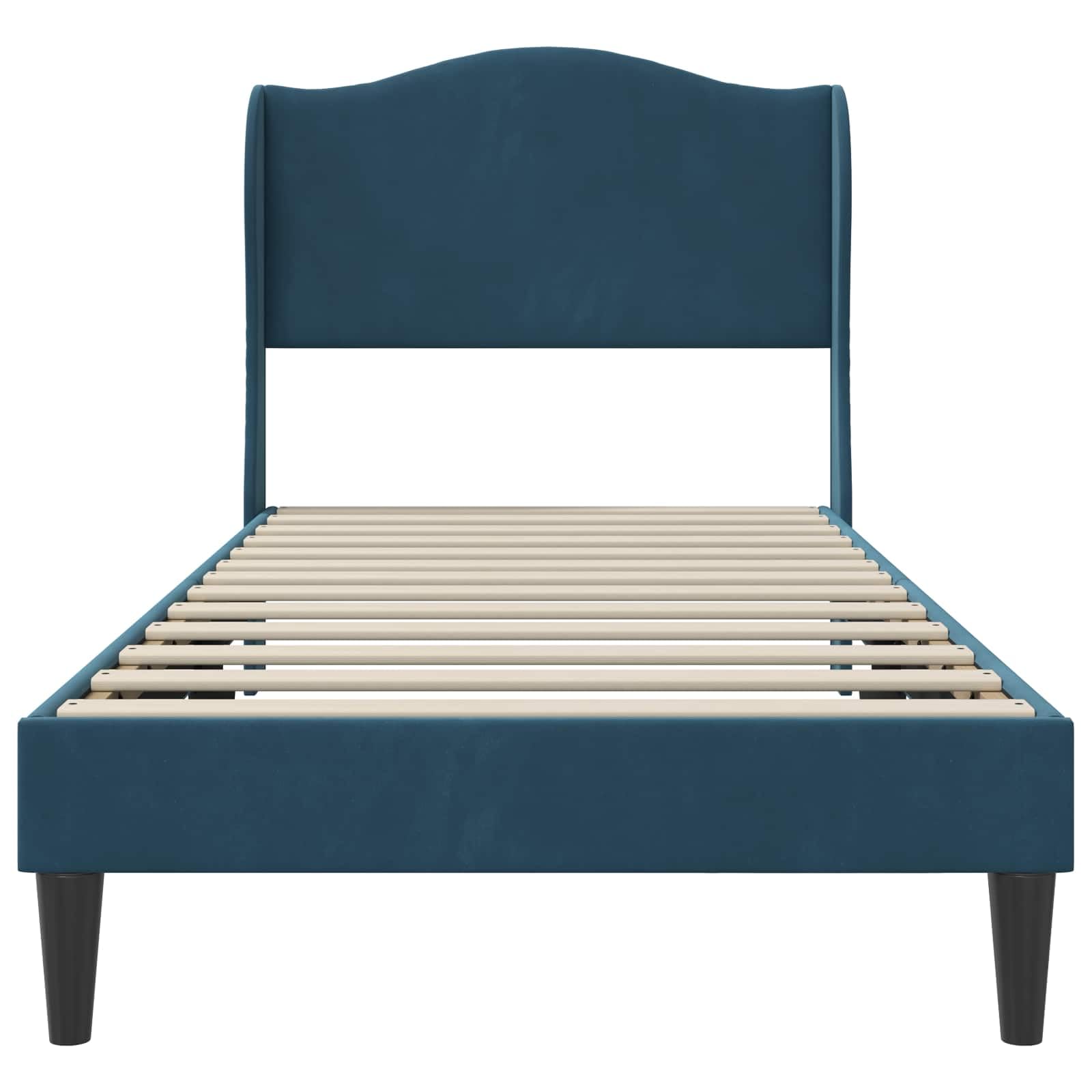 Rama de cama con cabecero azul 100 x 200 cm terciopelo moderno estructura somier fijo patas cónicas soporte 140 kg dormitorio elegante