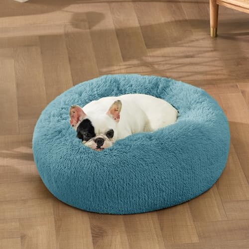 Image of Bedsure Calming Small Dog Bed Donut Washable Cat&Puppy Bed,23 inches | Fluffy Faux Fur Round Cuddler,Anti-Slip Bottom,Anti-Anxiety,Deep Sleeping for Large Cat & Pets Up to 25 Lbs,Washed Blue