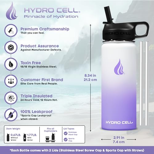Image of HYDRO CELL Stainless Steel Insulated Water Bottle with Straw - For Cold & Hot Drinks - Metal Vacuum Flask with Screw Cap and Modern Leakproof Sport Thermos for Adults (Lavender /White 18oz)