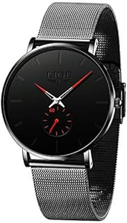 LIGE Men's Black Ultra Thin Watches Minimalist Fashion Gent Business Dress Wrist Watches Analog Quartz Waterproof Watch