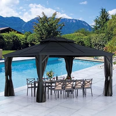 LeDoasis Nova 12' X 14' Hardtop Gazebo, Permanent Aluminum Metal Canopy with Galvanized Steel Double Roof, for Patio Lawn and Garden, Curtains and Netting Included