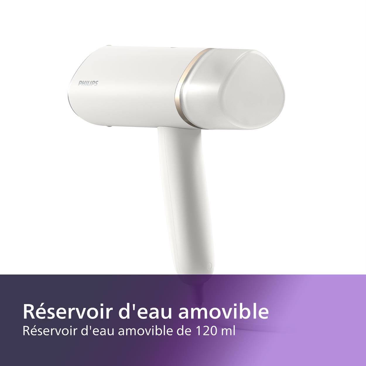 Philips Défroisseur à Main 3000 Séries - Steamer 1000W, Vapeur 20g/min, Réservoir 120ml amovible, prêt en 30sec, plaque chauffante, semelle métallique, Léger 660g, blanc (STH3020/10)