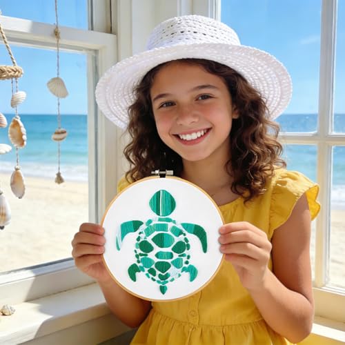 Image of Sea Turtle Embroidery Kits for Beginners Adults, Hand DIY Embroidery Starter Kit, Stamped Cross Stitch Kits for Beginners Adult Craft Kits for Women, Entire Set of Embroidery Supplies & Video Tutorial