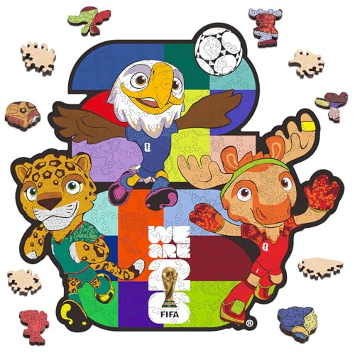 Image of FIFA World Cup 2026 Mascot Wooden Jigsaw Puzzle for Kids & Adults, USA - Canada - Mexico Mascot 150 Pieces, Unique Shape Puzzle, Officially Licensed, Sports Gift for Fans, 5MM Thick