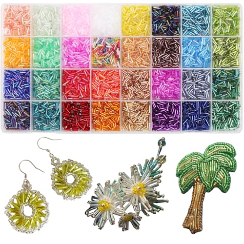 EuTengHao 9600Pcs Tube Beads Kit 7mm Glass Bugle Seed Beads for Jewelry Making Embroidery & Home Decoration (32 Vibrant Colors)