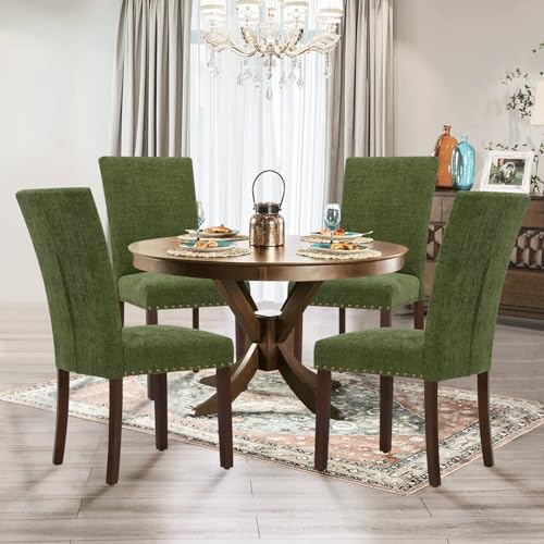 Image of Parsons Dining Chairs Set of 4, Upholstered Nailhead Dining Room Kitchen Side Chair with Thick Cushions and Wood Legs, Green