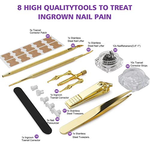 Ingrown Toenail Tool Kit 43 Pcs, Ingrown Toenail Corrector Set, Toe Nail Clippers For Adult And Seniors, Toenail Corrector Strips, Toenail Correction Professional Pedicure Tool (Gold) #TOP1