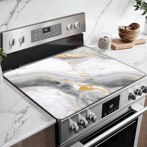 Image of White Marble Stove Top Covers for Electric Stove, Electric Gas Stove Pad Heat Resistant Range Cooktop Protector for Home Decor Kitchen 28 inchx20 inch