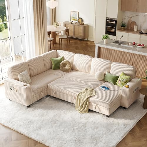 Image of LINSY HOME Sectional Sleeper Sofa with Pull Out Couch Bed - Convertible Plush Corduroy Cloud Couch with Storage Chaise & USB Charging, Comfy Modular Couches for Living Room, Beige