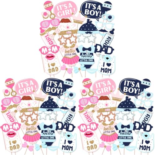 Image of Wobbox Baby Shower Photo Booth Party Props DIY Kit, Mom & Dad, Pink & Blue with Silver & Golden Gliter, Baby Shower Decoration Item (Pack of 3)