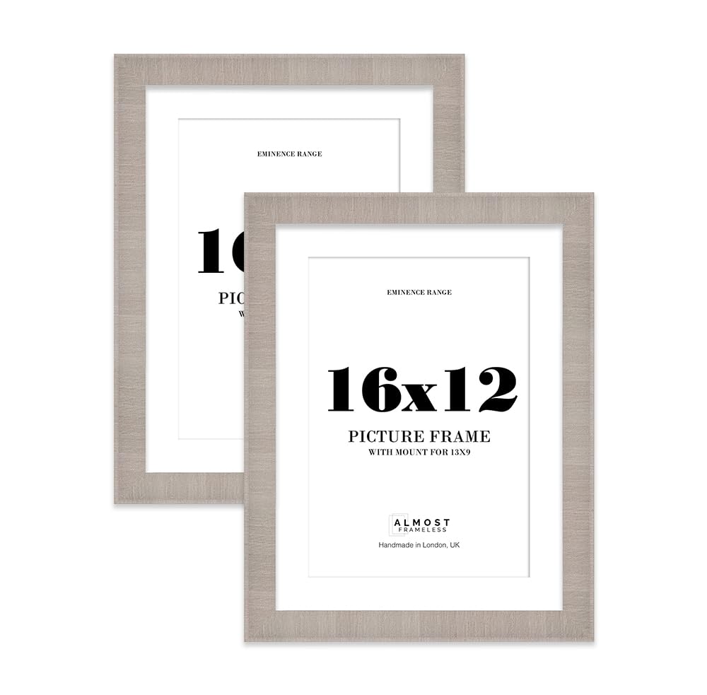 16x12" Grey Picture Frame with 13x9" Mount - Shabby Chic Photo Frame with Distressed Finish, Wall Hooks, 32mm Edge - 2 Pack