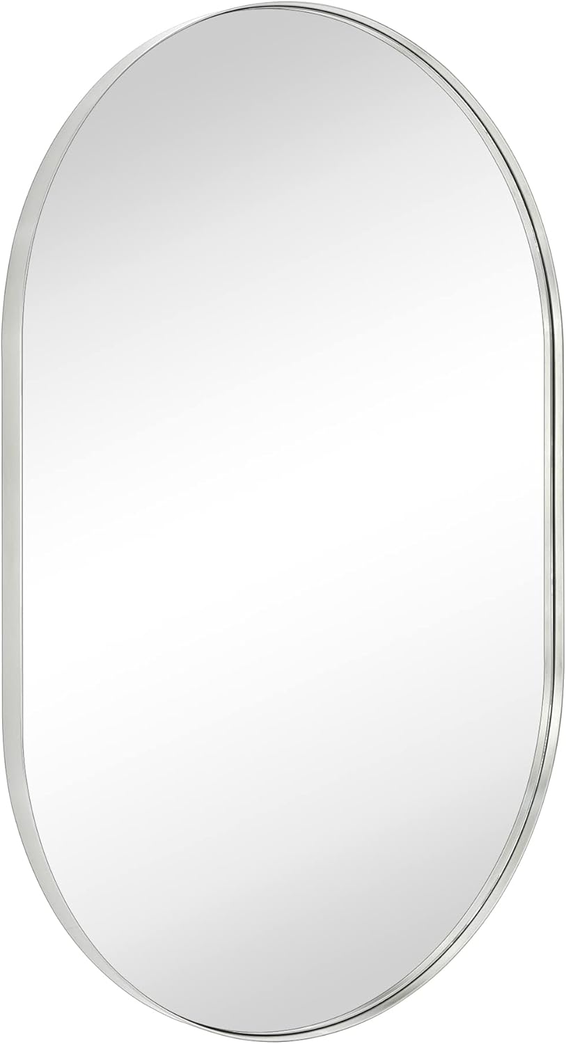 TEHOME Brushed Nickel 24x36'' Oval Mirror Brushed Silver Capsule Pill Shaped Bathroom Vanity Mirror 36 x 24 inch Nickel Oblong Metal Framed Mirror in Stainless Steel