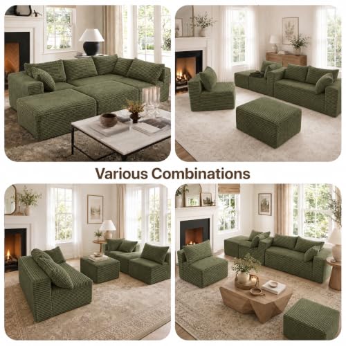 Image of Claiks 132 inch Boneless Couch, U-Shape Corduroy Sectional Sofa, Green