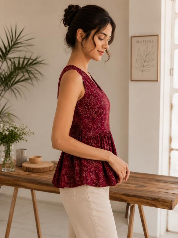 Image of Womens Rayon Sleeveless Printed Black Peplum Top for Women | Soft Rayon Top | V Neck | Flared Hem | Casual Office Wear