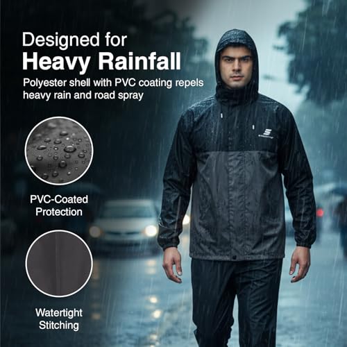 Image of Amazon Brand - Symactive Raincoat for Men and Women | Waterproof Jacket and Pant Set | Polyester with PVC Coating | Seam Sealed | Hooded with Reflective Trim | Black & Grey, S