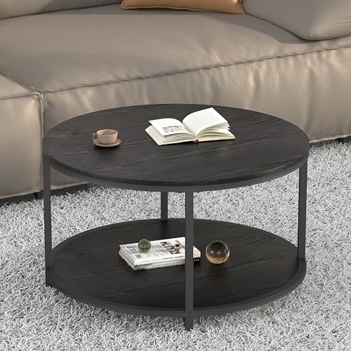 Image of NSdirect Round Coffee Table, 27.6 inch Small Coffee Table for Living Room,2-Tier Rustic Wood Desktop with Storage Shelf Modern Design Home Furniture(Black)