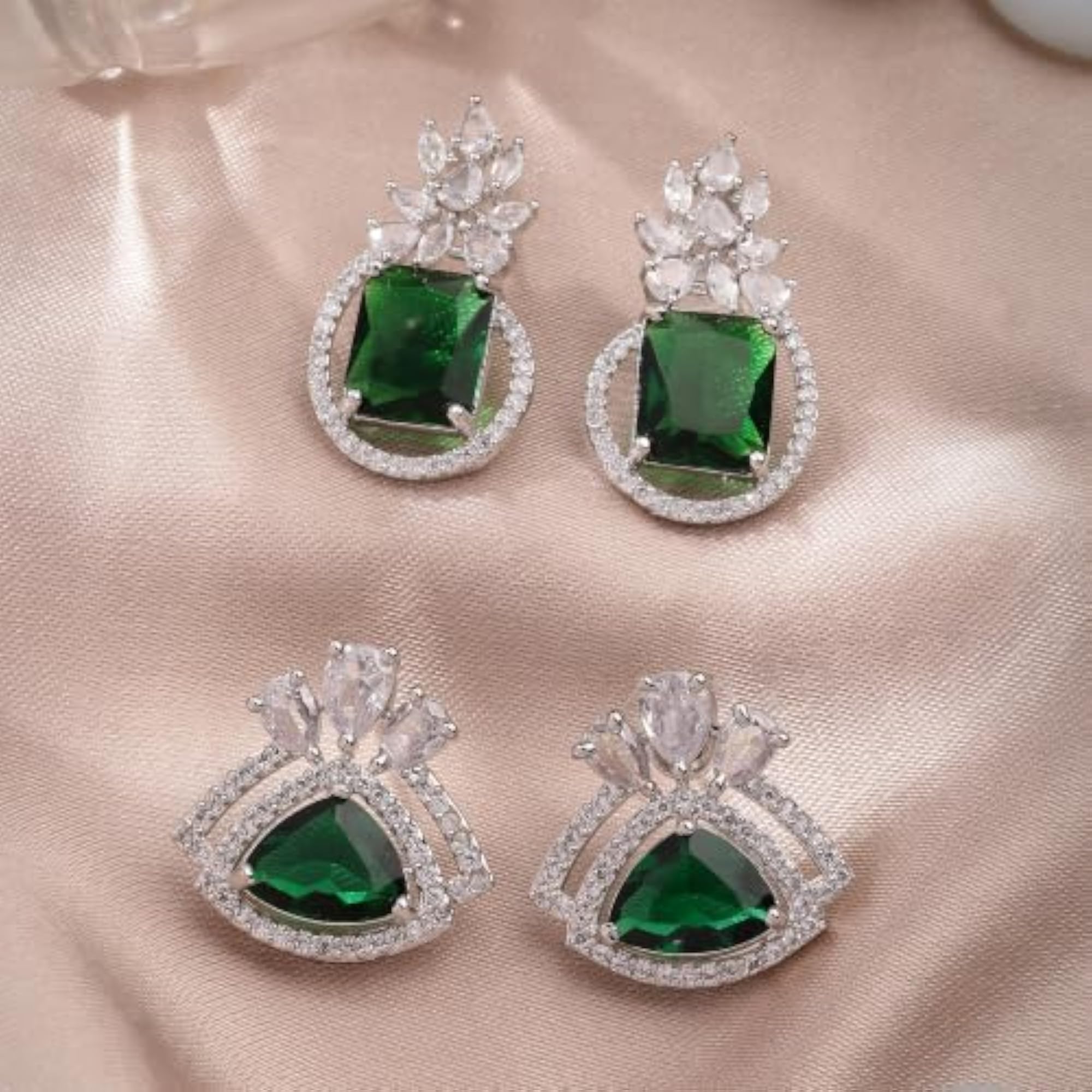 Women's Rhodium Plated American Diamond Stud Earrings, Elegant