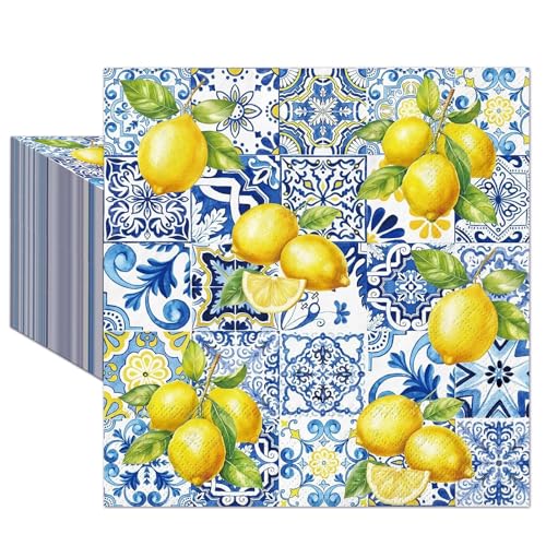 YOKJGHDO 40 Servietten Italien Design Zitronen Deko Papier 2-lagig 25x25 cm Blau Gelb Cocktailservietten für Deko Frühling Sommer Party und Gartenfest