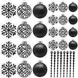 SLEETLY 32-Pack Black Christmas Tree Ornaments – Shatterproof Plastic Holiday Decoration Set with 3.15” & 2.36” Glitter Balls, Icicles, and Snowflakes for Xmas Tree Decor