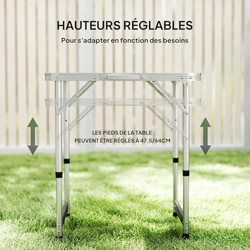 Table de camping aluminium Outsunny pliante et réglable design blanc - 7
