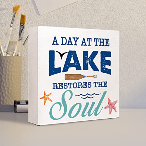 A Day At The Lake Restores The Soul Rustic Lake Wooden Plaque Sign Desk Decor,Retro Lake Cabin Home Wood Block Sign Desk Decorations For Primitive Country Lake Farmhouse Shelf Table Decor #TOP3