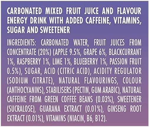 Rubicon RAW Raspberry & Blueberry Energy Drink, 20% Fruit Juice, High Caffiene with B-Vitamins, Ginseng & Guarana, No Artificial Colours or Flavours, Reduce Tiredness & Boost Energy - 1 x 500ml Can