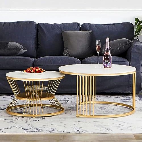 Image of Furniture Cafe Luxury Nesting Coffee Table Set of 2 - Modern Round Marble Top Accent Tables with Golden Metal Base, Living Room Centerpiece