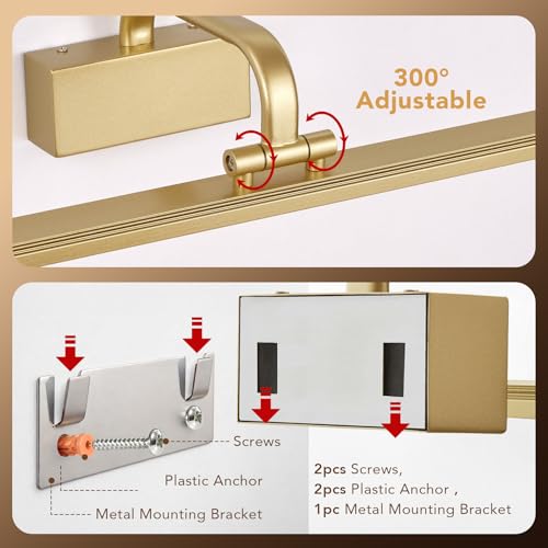 Image of RAIFOOLLY Picture Light, 16inch Cordless Picture Lights for Wall with Timer and Dimmable, Battery Operated Metal Wall Lights for Display Gallery Painting Art Frame Portrait - Gold