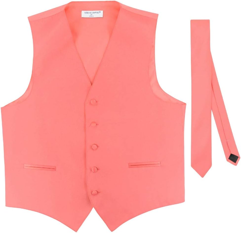 Vesuvio Napoli Men's Dress Vest & Skinny NeckTie Solid Pink Color 2.5" Neck Tie Set