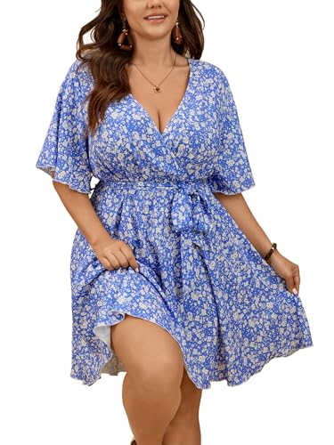 Image of SCOMCHIC Women's Plus Size Summer Dresses Short Sleeve Wrap V Neck A Line Skater Mini Short Dress XL-4XL