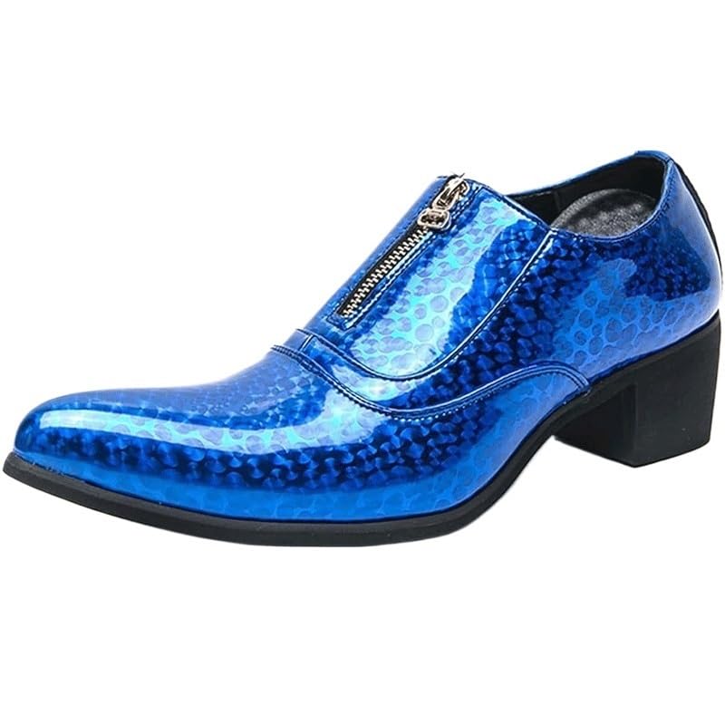Men's Pointed Toe Chunky Heels Chelsea Dress Oxford Shoes Fashion Print Front Zipper Slip on Loafers Casual Wedding Faux Patent Derby Shoes